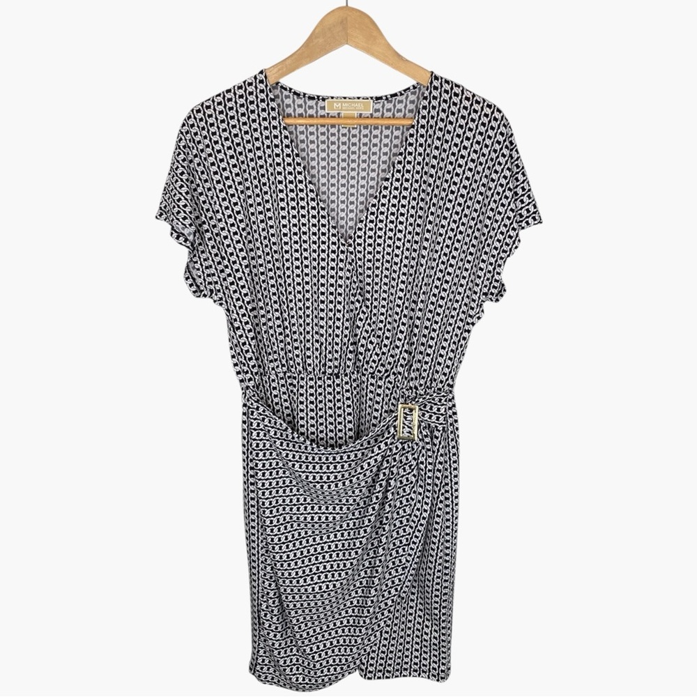 MICHAEL MICHAEL KORS Chain Link Print Faux Wrap Dress - Black/White - Size M